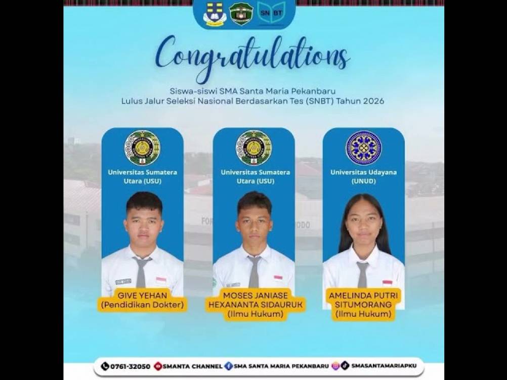 68 Siswa SMA Santa Maria Pekanbaru Yang Diterima Di Perguruan Tinggi Negeri Jalur UTBK-SNBT 2026