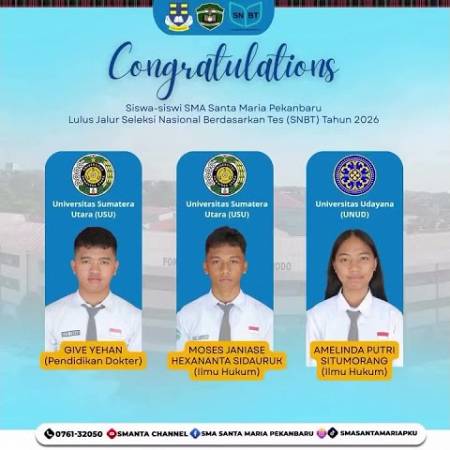 68 Siswa SMA Santa Maria Pekanbaru Yang Diterima Di Perguruan Tinggi Negeri Jalur UTBK-SNBT 2026