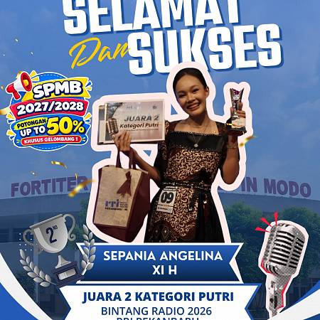 Selamat dan Sukses Kepada Sepania Angelina (Kelas XI H) - Juara 2 Kategori Putri  Bintang Radio 2026 RRI Pekanbaru